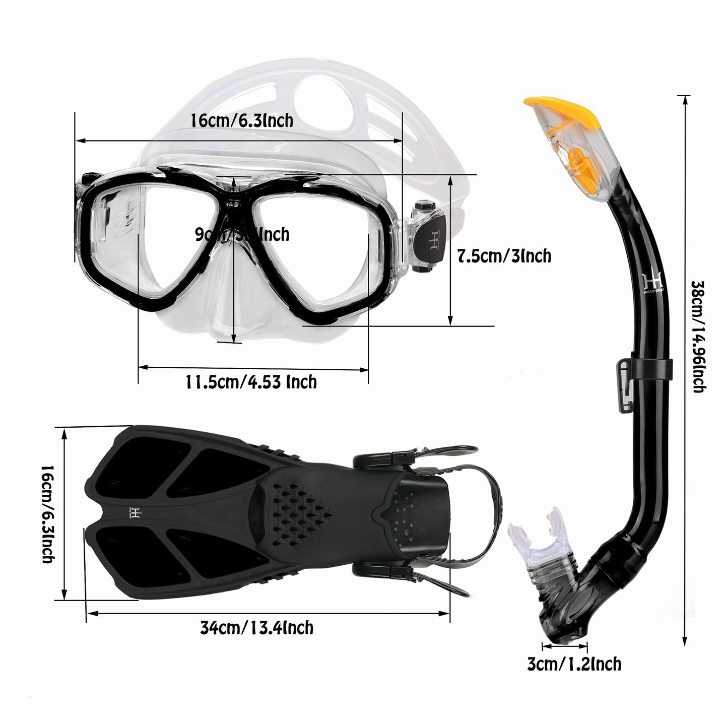HH HHAO SPORT Children's snorkel set with fins, 180° panorama wide view diving goggles children, adjustable flippers, high-quality diving mask and dry top snorkel