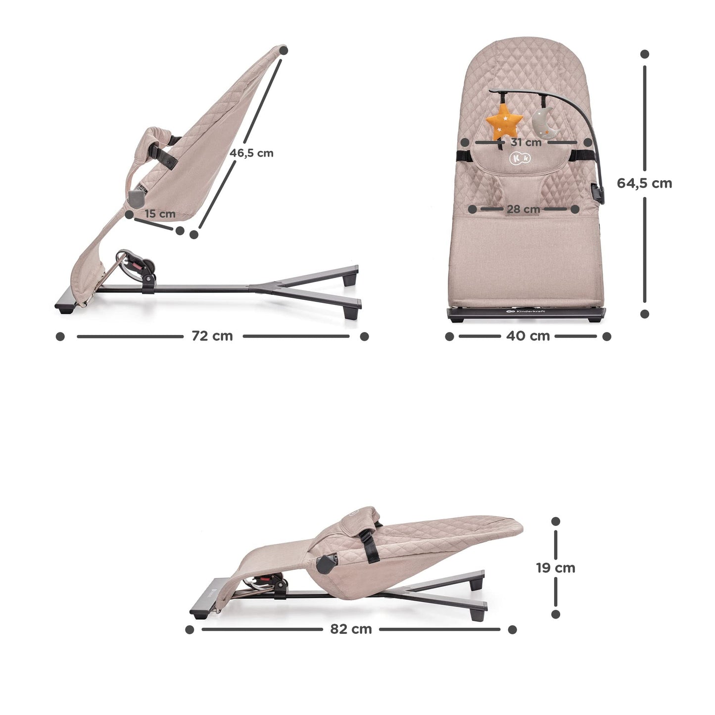 Kinderkraft MIMI Baby Rocker Play Bar with 2 Toys, Adjustable Backrest, Soft Material, Minimalist Scandinavian Design, Foldable, Grey