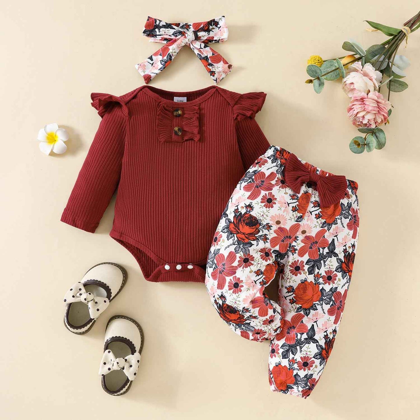 LUVCES Newborn Baby Girl Clothing Toddler Ribbed Ruffle Long Sleeve Romper + Floral Pants + Headband Cute Fall Outfit Set