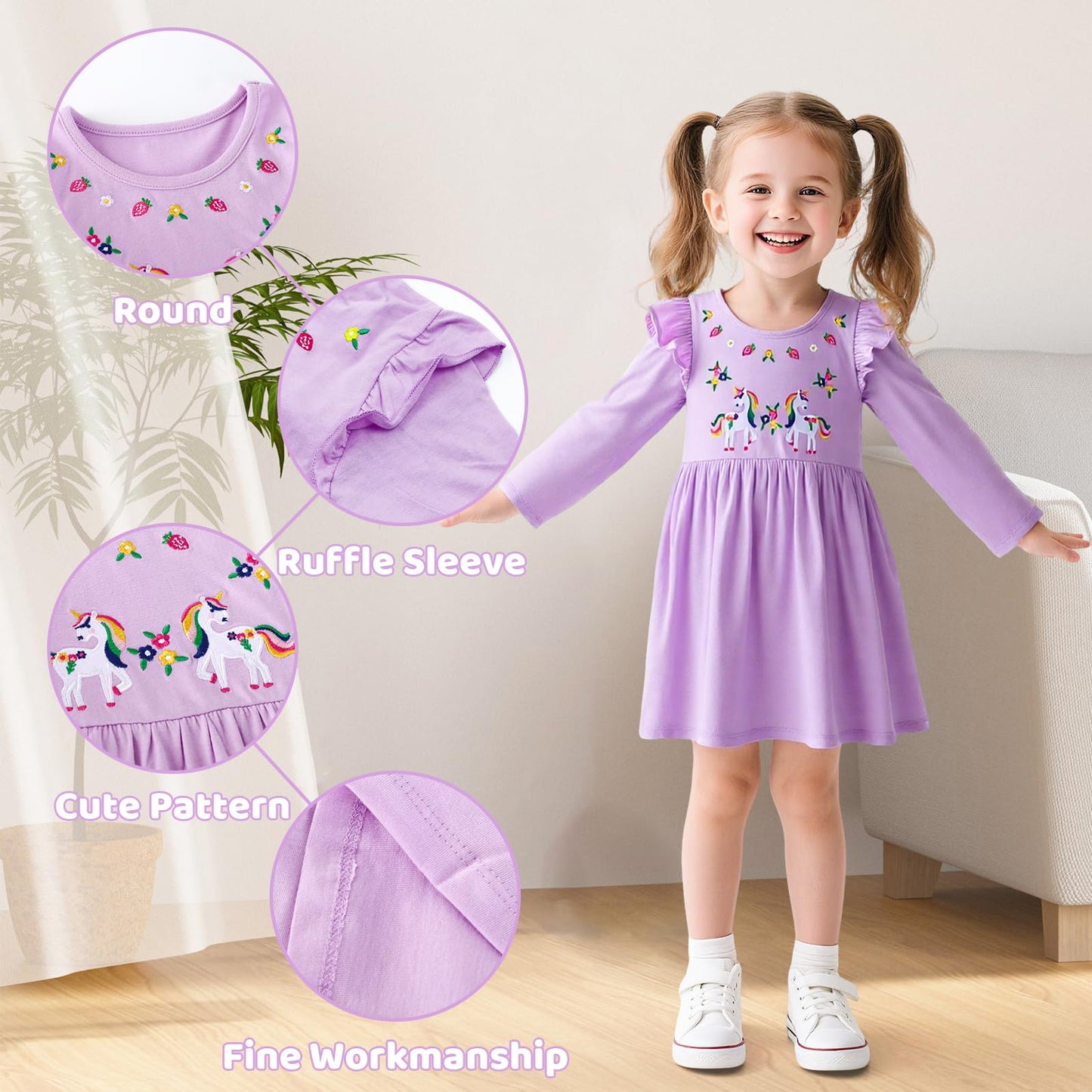 Mädchen Kleid Baumwolle Rundhals Rüschen Ärmellos Lässige Einhorn Cartoon-Applikationen Blau/Weiße Gestreift Kleidung Kinder Sommer Party Festliches Prinzessin A-Linie Kleider Gr. 98-128