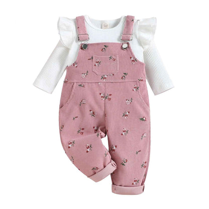 Baby Girls' Clothing Ribbed Knit Long Sleeve Tops Floral Pattern Braces Trousers with Pocket Outfits Sets