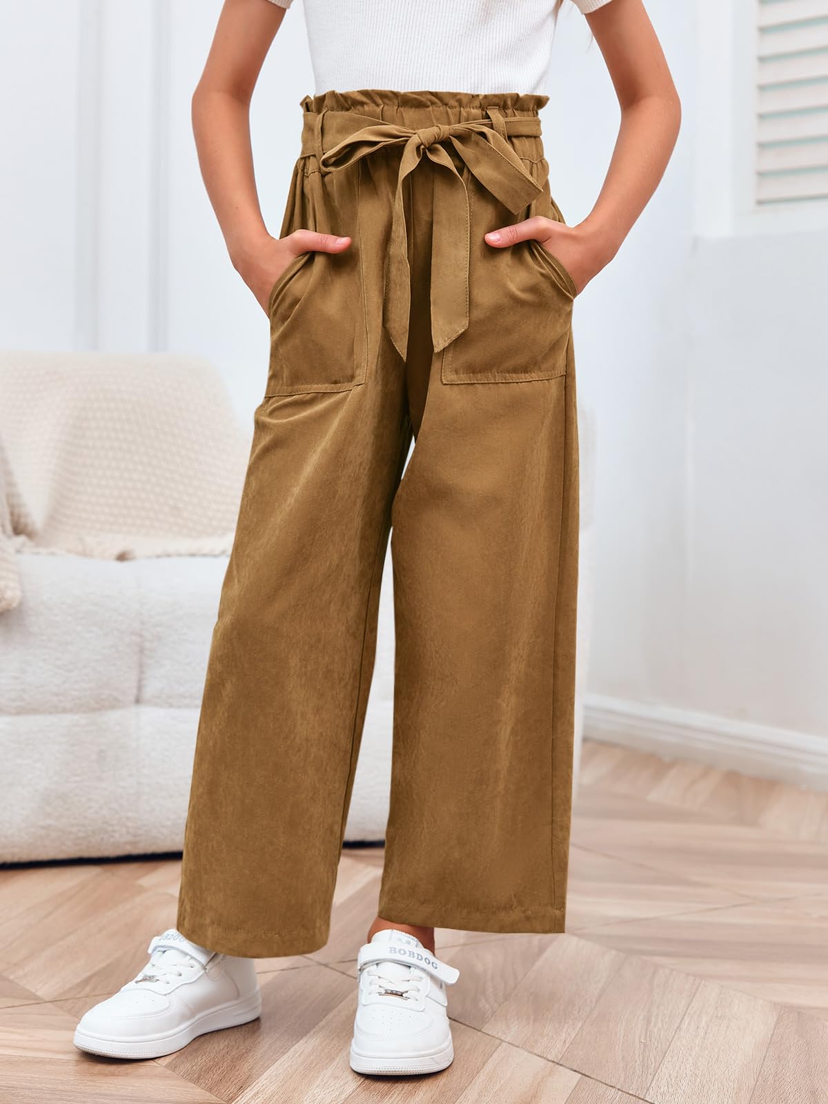 Haloumoning Mädchen Weite Hose Palazzo Hohe Taille Mode Bootcut Elastische Paperbag Freizeithose mit Gürtel