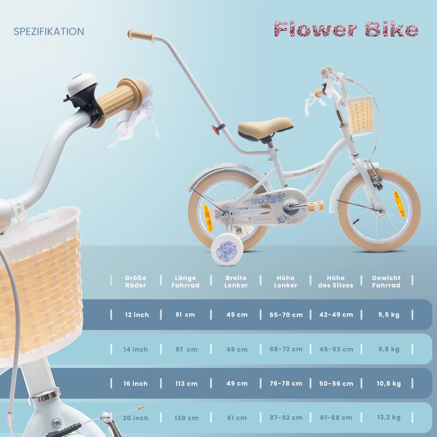 sun baby Mädchenfahrrad Flower Bike Radgröße zur Auswahl, mit Abnehmbarer Schubstange, Kinderfahrrad für Mädchen von 2 bis 6 Jahre