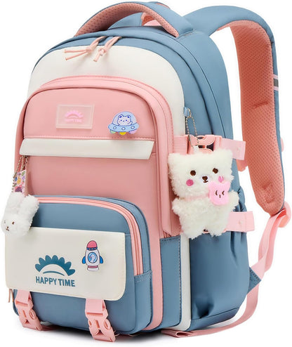 Tanou Schultasche Mädchen, Wasserabweisender Nylon Kinder Schulranzen, 20L | Leichter Schulrucksack für Mädchen der 2. bis 5. Klasse, Rucksack Schule mit Anhänger, Blau