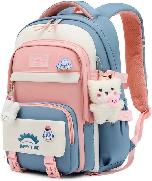 Tanou Schultasche Mädchen, Wasserabweisender Nylon Kinder Schulranzen, 20L | Leichter Schulrucksack für Mädchen der 2. bis 5. Klasse, Rucksack Schule mit Anhänger, Blau