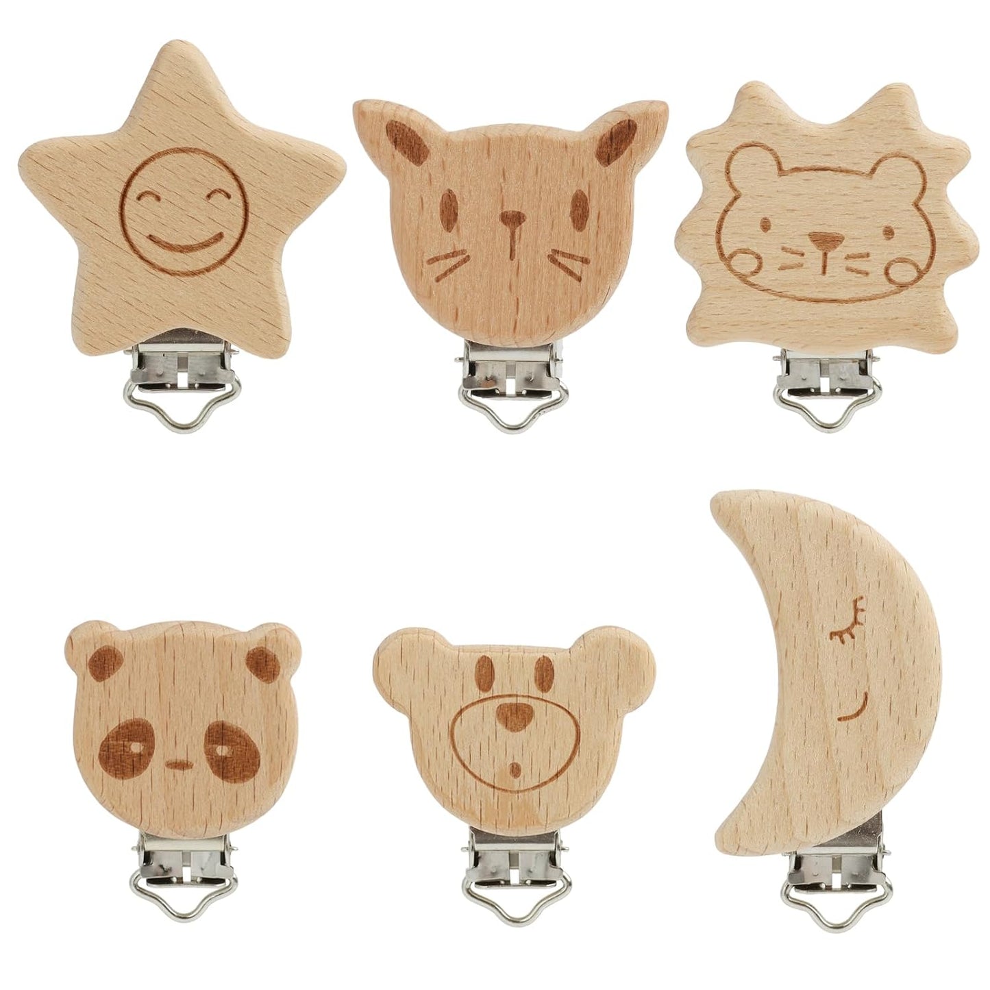 LEIBOCHAO 6 Stück Schnullerkette Holz Tierdesign mit Naturholz & Metall, Schnullerclip Holz für Schnullerkette, Babywagen, Kleidung – DIY Bastelset, Umweltfreundliches Babygeschenk (3-5 cm)