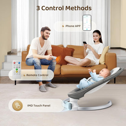 Bluetooth Elektrische Babyschaukel, Upgrade 5-Punkte Geschirr Elektrische Babywippe mit 5 Geschwindigkeiten 3 Timer und 10 Musik, Mobiler APP/Fernbedienung/IMD Panel-Steuerung Babywippen (Dunkelgrau)