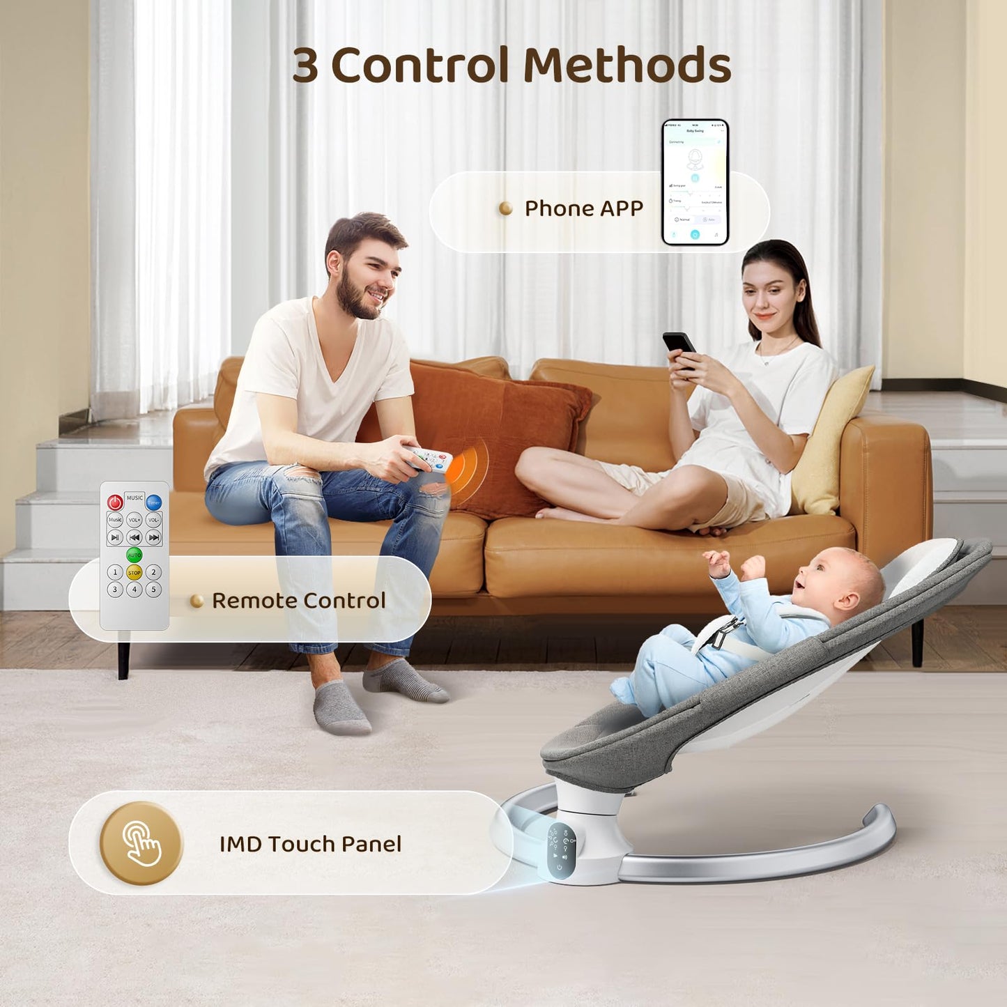 Hlieeosfcn Babywippe für Kinder,Babywippe Elektrisch mit 5 Natürlichen Schaukelgeschwindigkeiten,Elektrische Babyschaukel mit Musik, Nutzbar ab der Geburt bis ca. 6 Monaten,Fernbedienung,Grau
