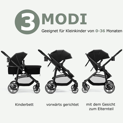 DREAMADE Kinderwagen klappbar, 3 in 1 Buggy mit umkehrbarem Sitz, Verdeck, Aufbewahrungskorb, Becherhalter & 5-Punkt-Sicherheitsgurt, Reisebuggy für Baby 0-6 Monate (Schwarz)