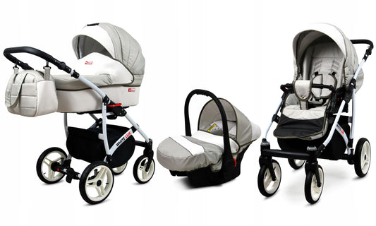 BabyLux® Bambimo Kinderwagen Set 3 in 1 - White Lux - incl. Babywanne, Buggy Sportsitz, Auto-Babyschale - Autositz - Kinderwagenset - Kombikinderwagen mit Wickeltasche, Regenschutz usw.