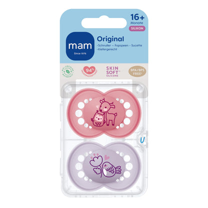MAM Original Schnuller im 2er-Set, zahnfreundlicher Baby Schnuller aus nachhaltigen & bio-erneuerbaren Materialien, Sauger aus MAM SkinSoft Silikon, mit Schnullerbox, 0-6 Monate, Hase/Reh