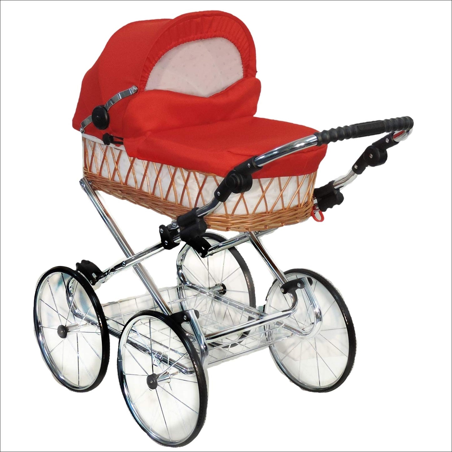 EICHHORN Kinderwagen Wicker Basket Doll's Pram Retro Toy Classic (Basket Natural, Fabric Navy Blue)