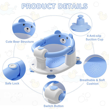 Baby Bath Seat from 6 Months, Bear Non-Slip Bath Seat Baby with 4 Suction Cups and Cushions for Toddlers and Newborns, Safe Portable Bath Chair for Shower or Bathtub, Pink