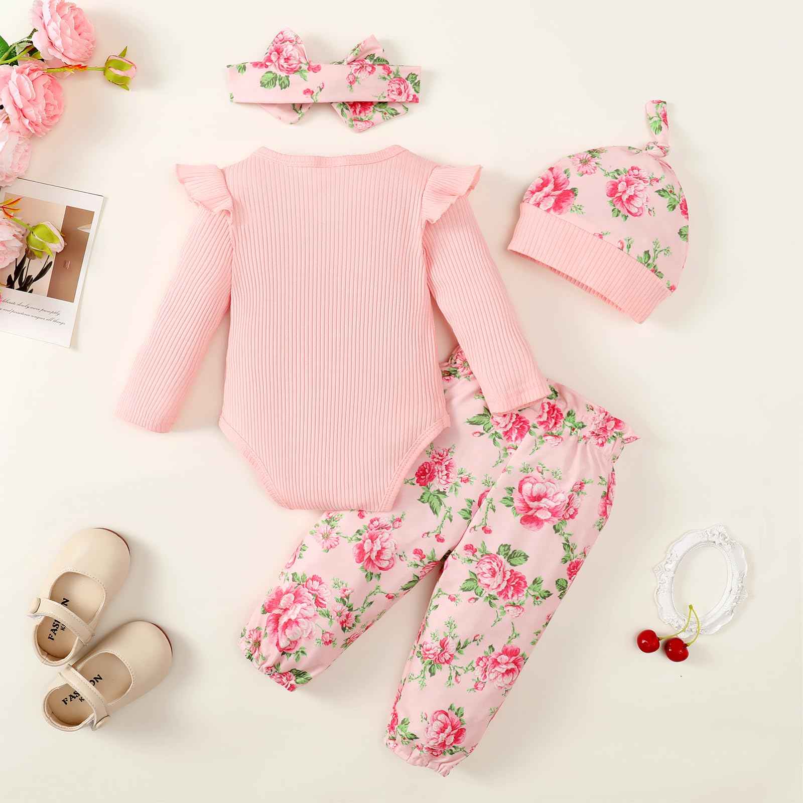 LUVCES Newborn Baby Girl Clothing Toddler Ribbed Ruffle Long Sleeve Romper + Floral Pants + Headband Cute Fall Outfit Set