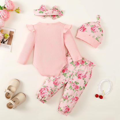 Neugeborenes Baby Mädchen Kleidung Kleinkind Gerippte Rüschen Langarm Strampler + Floral Hosen + Stirnband Nette Herbst Outfit Set
