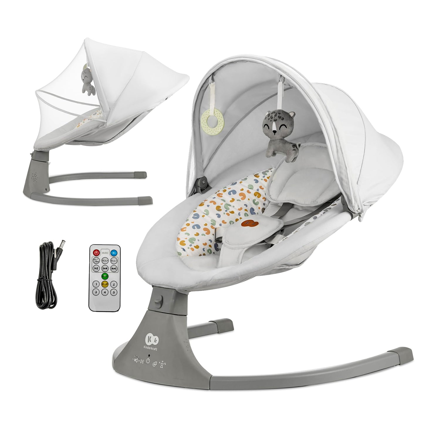 Kinderkraft LUMI 2 Babywippe, Elektrische Babyschaukel, Von der Geburt bis 9 Monate, Höhenverstellbar, 5 Schaukelmodi, 12 Melodien, Bogen mit Spielzeug, Dunkelgrau