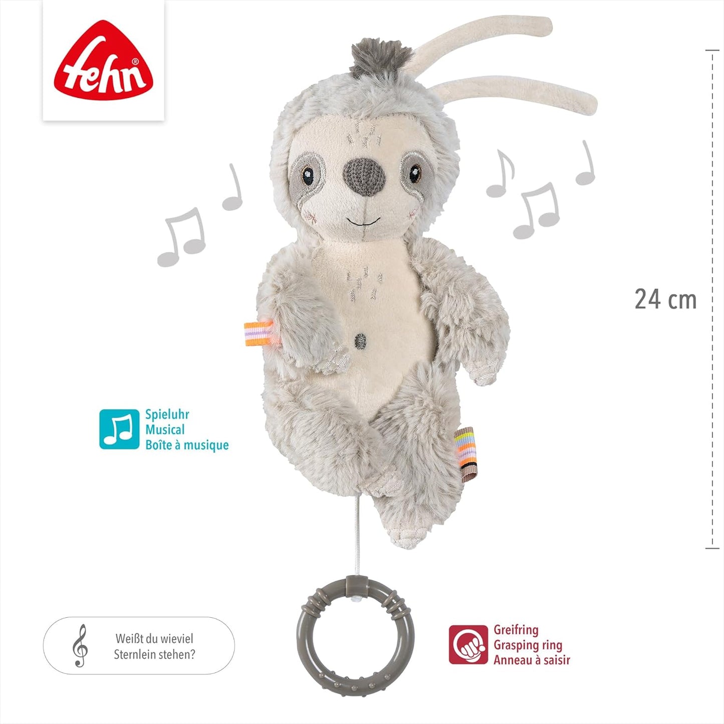 Fehn Mini-Spieluhr Faultier – Kuscheltier & Einschlafhilfe: Aufzieh-Spieluhr mit sanfter Melodie "Weißt du wieviel Sternlein stehen" – für Babys und Kleinkinder ab 0+ Monaten