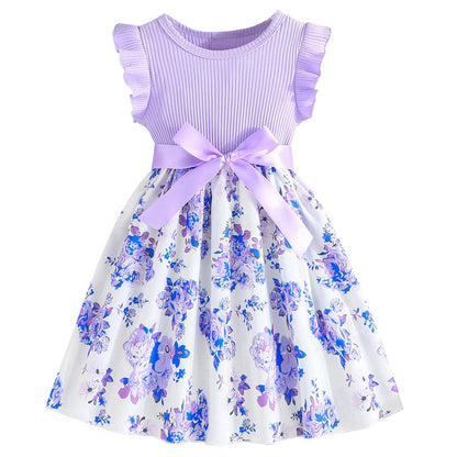 Codkkre Mädchen Kleid Blumen Bowknot Kinder Kleider Rüschenärmel A-Linie Mädchen Kleid Sommer Ostern Mädchen Kleid Rundhals 104 110 116 122 128