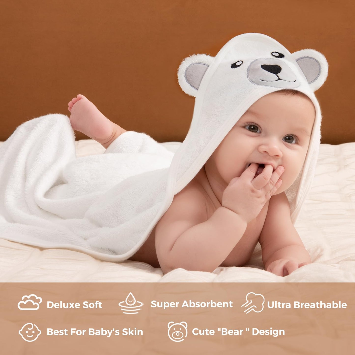 Momcozy Bambus Baby Badetücher Set 5er Pack, Babyhandtuch mit Kapuze , Waschlappen 3 Stück, Baby Bad Handschuh 1 Stück, Extrem Weich, Atmungsaktiv, Geeignet für Mädchen und Jungen
