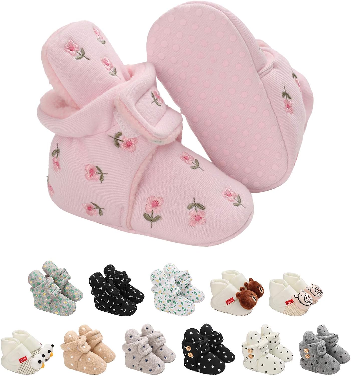 EDOTON Unisex-Baby Neugeborenes Fleece Booties, Baby Jungen Mädchen Weiche Sohlen Streifen Bootie Kleinkind Stiefel Niedlich Stiefel Socke Einstellbar