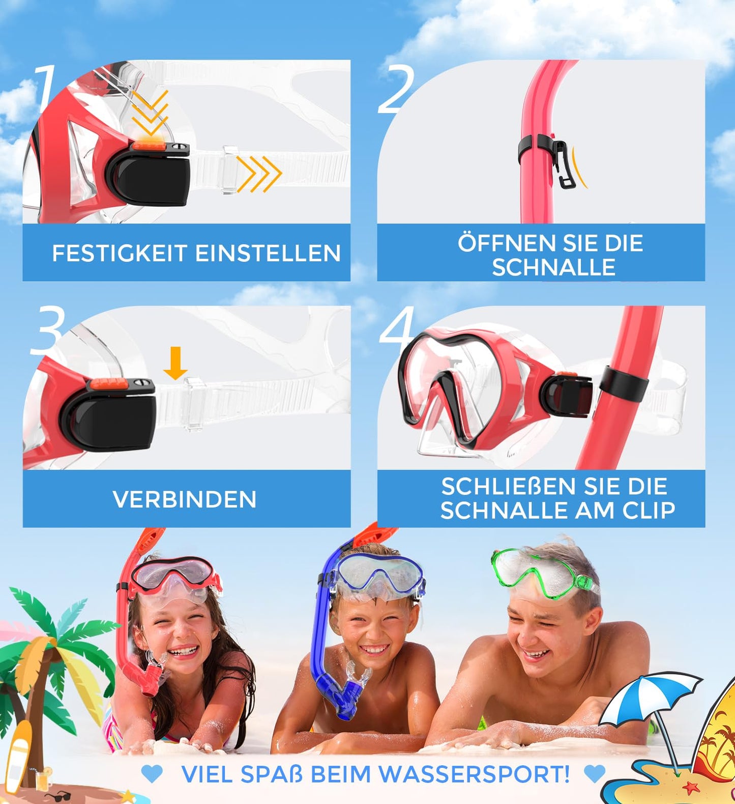 Sporzin Children's Diving Goggles Snorkel Set - Snorkel with Dry Snorkel Mask 180° Panoramic View HD and Anti-Fog Silicone Diving Mask and Swimming Goggles with Ear Plugs 4-12 Years