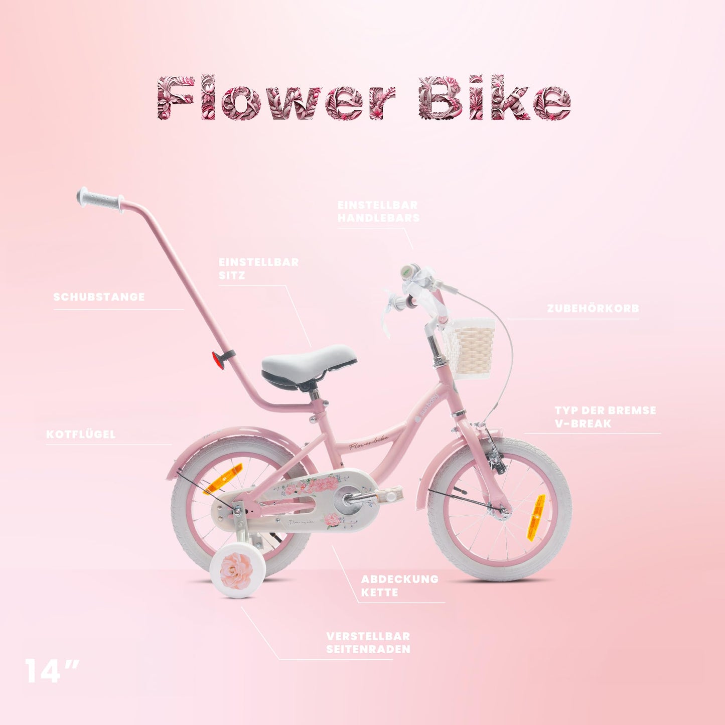 sun baby Mädchenfahrrad Flower Bike Radgröße zur Auswahl, mit Abnehmbarer Schubstange, Kinderfahrrad für Mädchen von 2 bis 6 Jahre