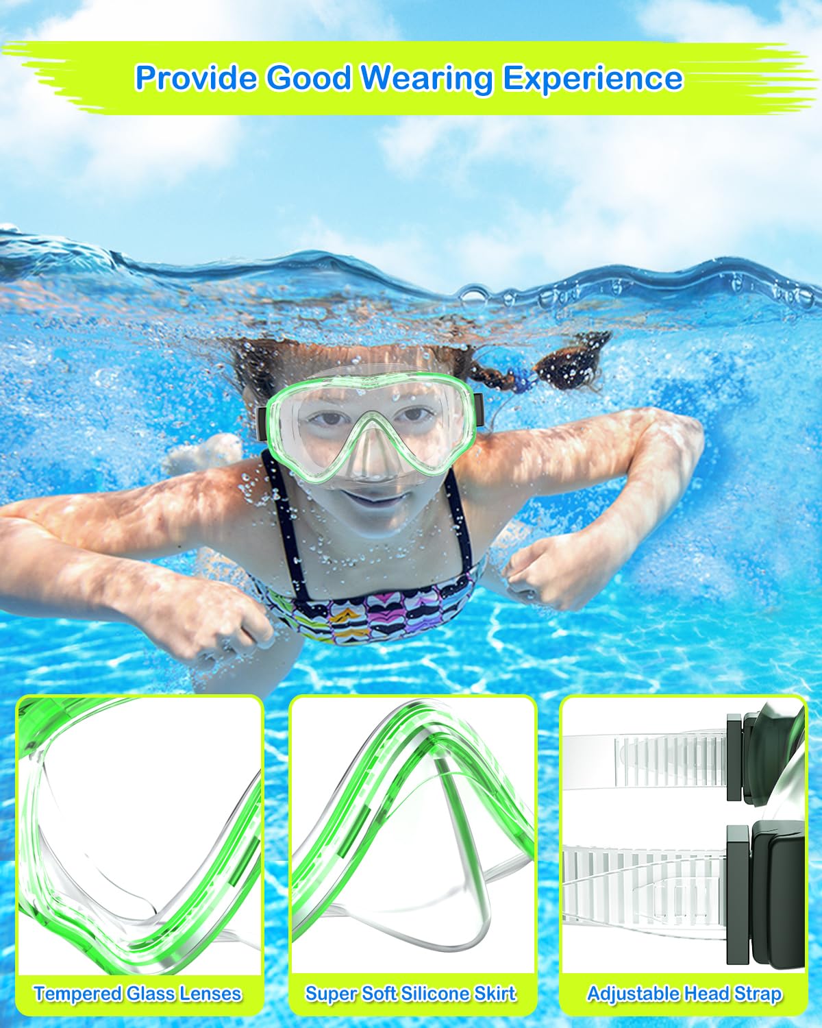 SkrekuiMa Taucherbrille Kinder | Schwimmbrille Kinder Schnorchelmaske Anti-Fog Anti-Leck | Tauchmaske Kinder 180°Panorama HD Tempered Glas für Kinder 4-12 Jahre Jungen Mädchen