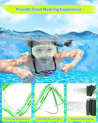 SkrekuiMa Taucherbrille Kinder | Schwimmbrille Kinder Schnorchelmaske Anti-Fog Anti-Leck | Tauchmaske Kinder 180°Panorama HD Tempered Glas für Kinder 4-12 Jahre Jungen Mädchen