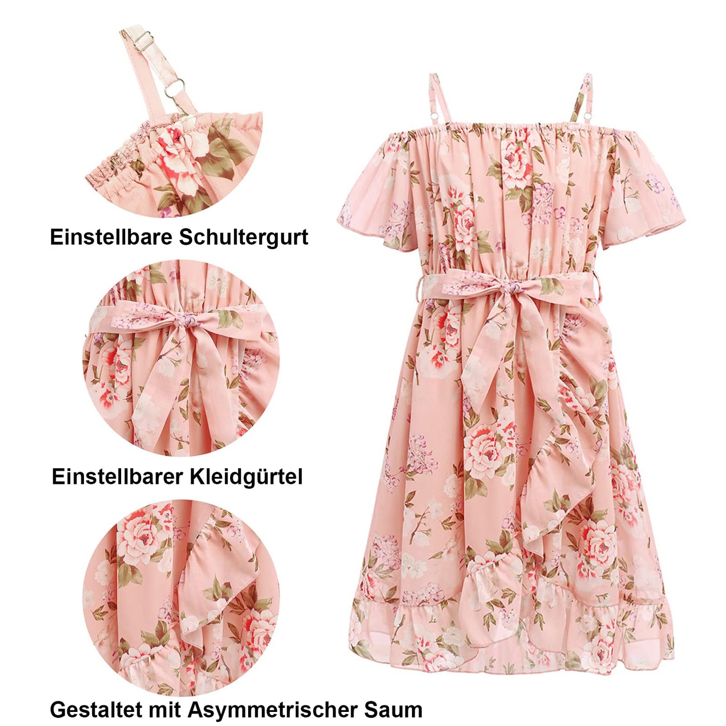 cenozo Casual Dresses for Girls, Chiffon Floral Dress, Off-the-Shoulder Summer Dress with Adjustable Straps, Leisure with Ruffle Sleeves, for Girls Aged 6 to 14 Years