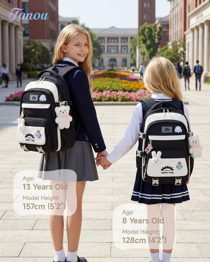 Tanou Schultasche Mädchen, Wasserabweisender Nylon Kinder Schulranzen, 20L | Leichter Schulrucksack für Mädchen der 2. bis 5. Klasse, Rucksack Schule mit Anhänger, Blau