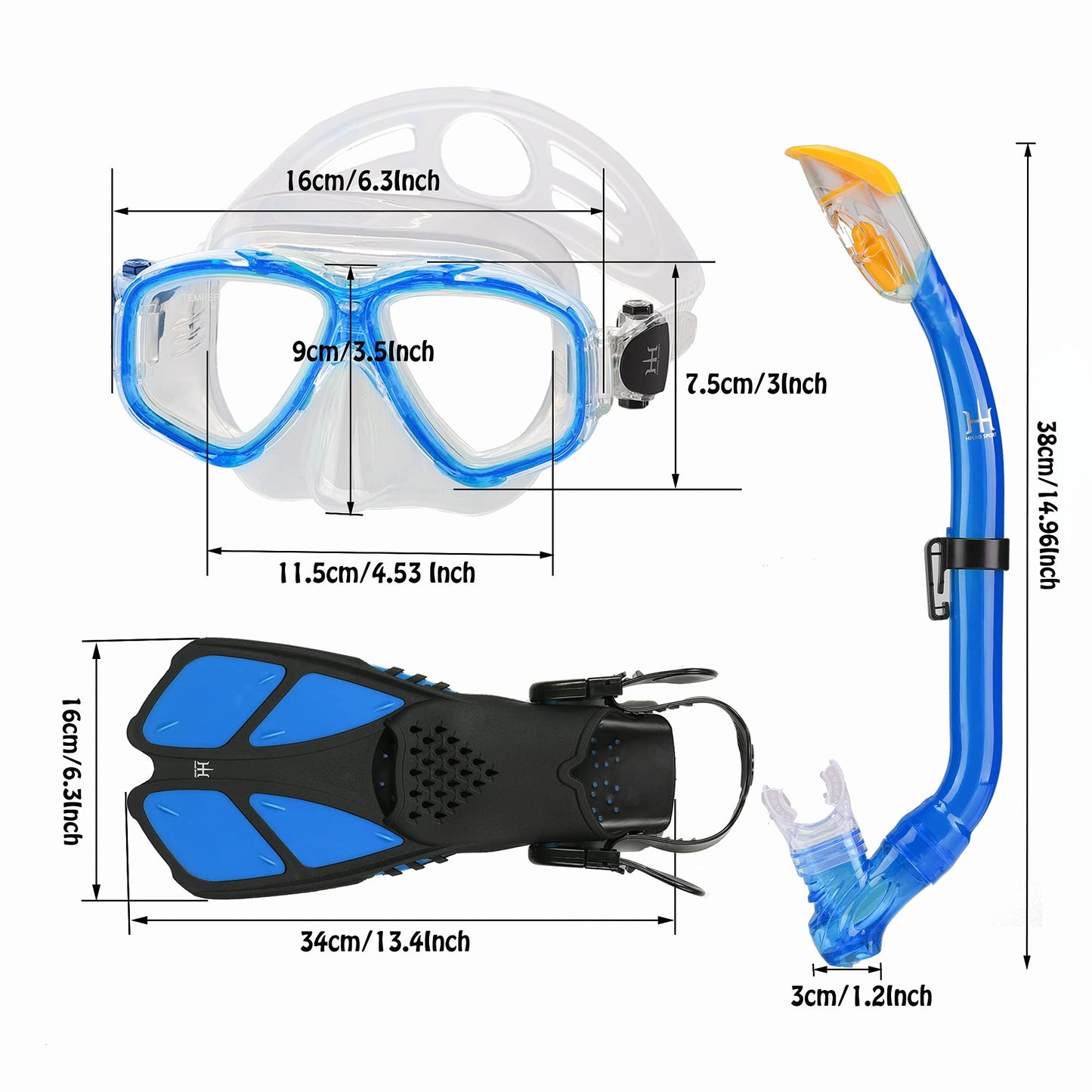 HH HHAO SPORT Children's snorkel set with fins, 180° panorama wide view diving goggles children, adjustable flippers, high-quality diving mask and dry top snorkel