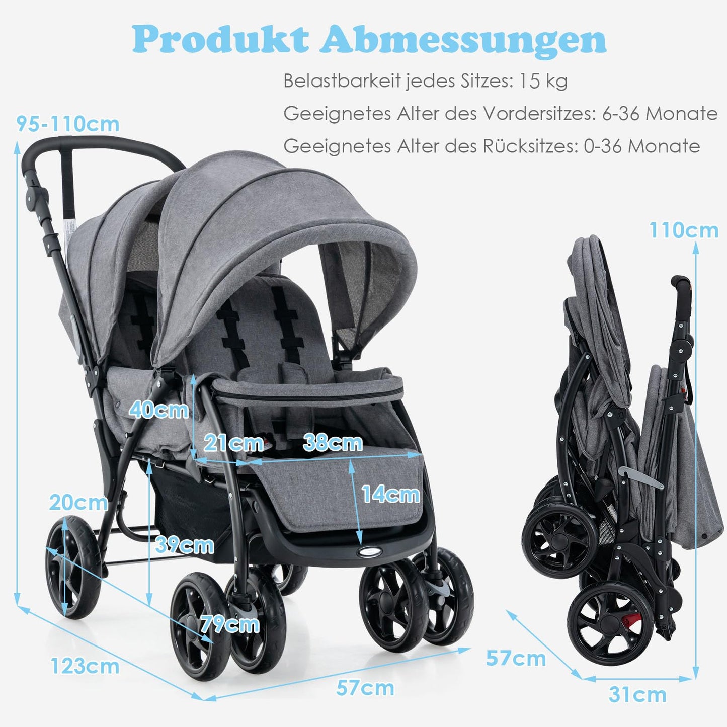 COSTWAY Folding Double Pushchair, Twin Pushchair with Adjustable Backrest and Hood, Travel Buggy with Reclining Function, Twin Buggy Pushchair for Baby from 6 Months, 30 kg Load Capacity (Grey)