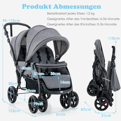 COSTWAY Folding Double Pushchair, Twin Pushchair with Adjustable Backrest and Hood, Travel Buggy with Reclining Function, Twin Buggy Pushchair for Baby from 6 Months, 30 kg Load Capacity (Grey)