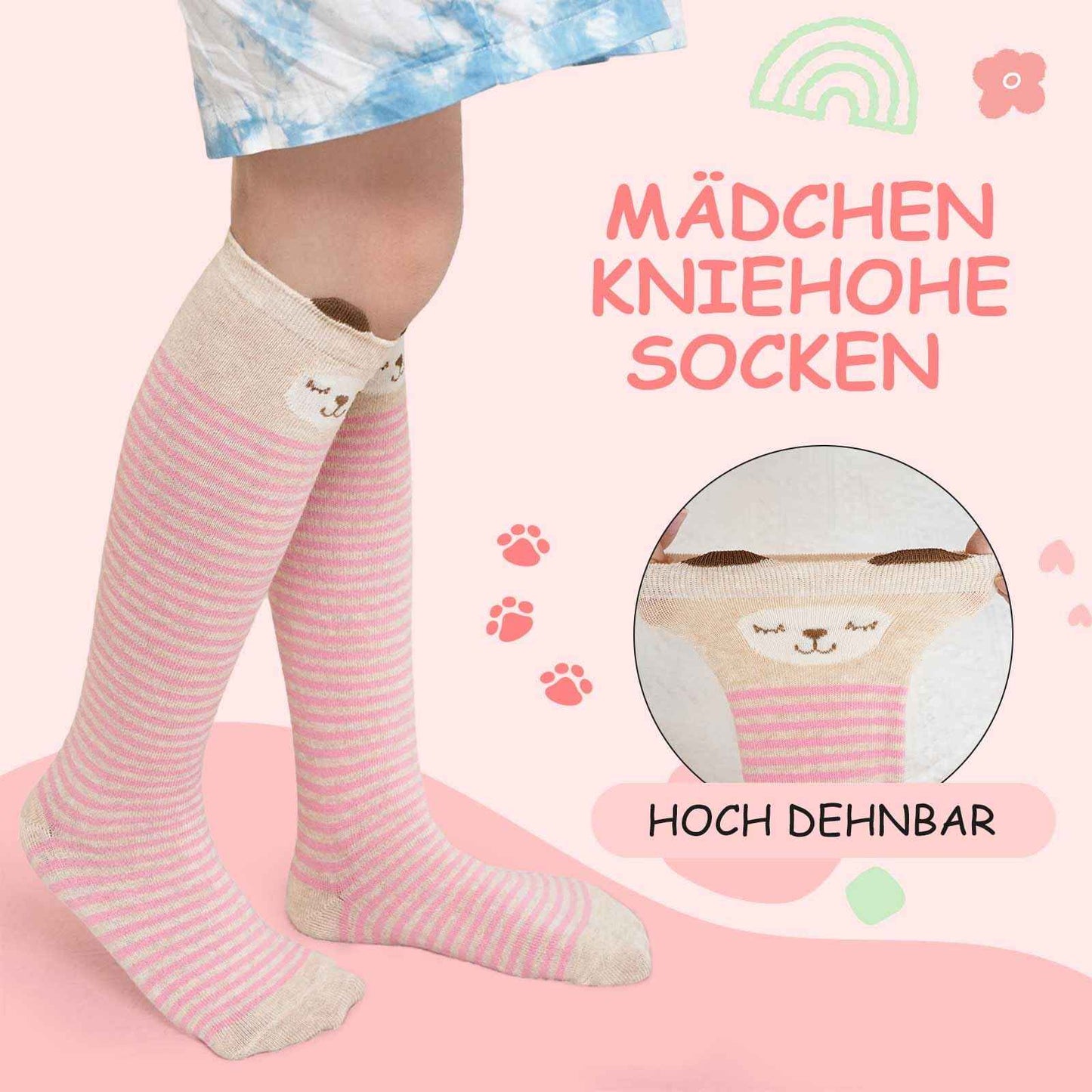 LOFIR Girls' Knee Socks Children's Socks: Overknee Stockings Long Striped Children's Socks Animal Cotton Socks Colourful Striped Socks Funny Without Seam Knee Socks Gift 2-12 Years 23-38 5 Pairs