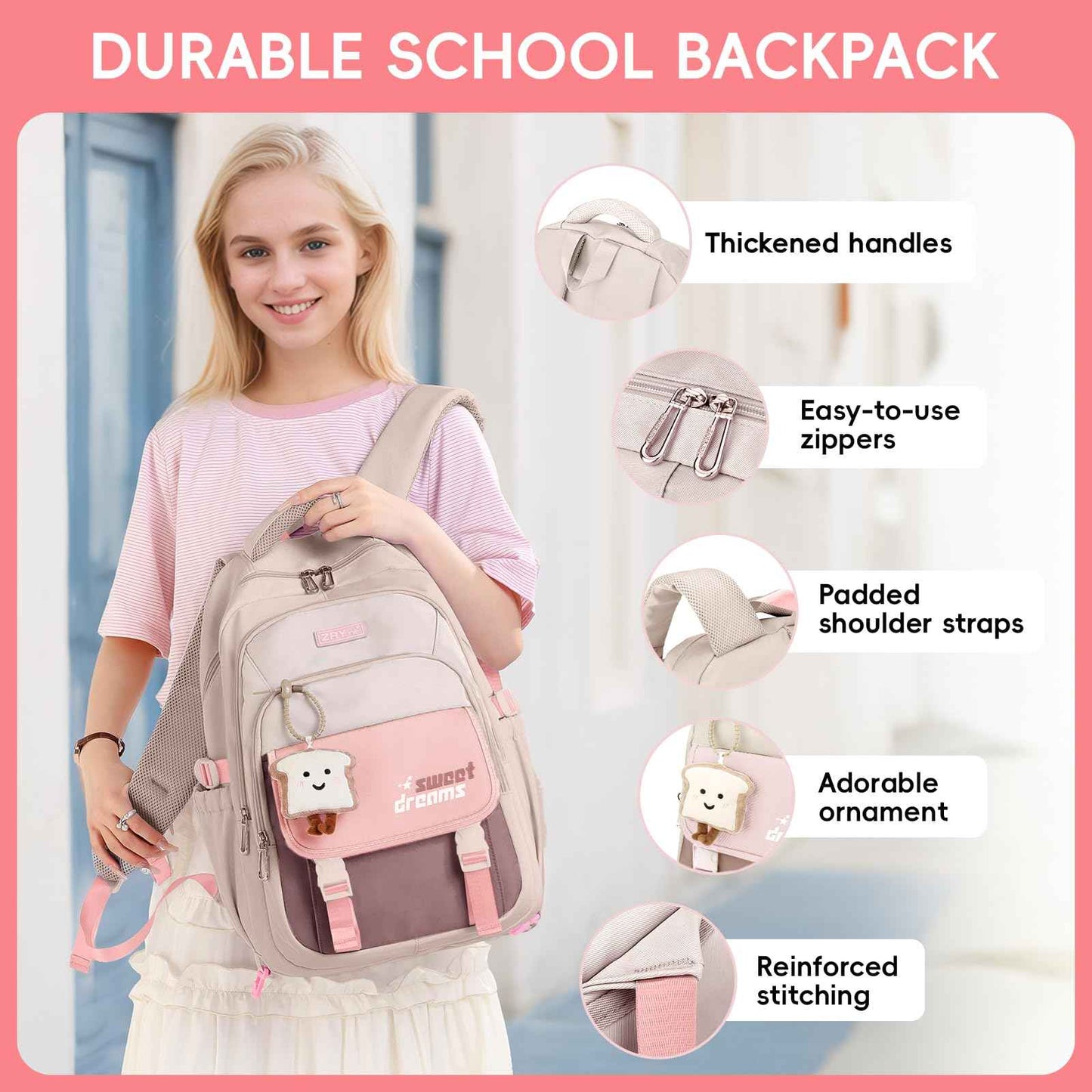 School Backpack Teenager - 36L School Bag for Girls from 5th Grade, Large Backpack for Middle and High School, Casual Children's Backpack with Cute Pendant and Trolley Strap, black, Rucksack