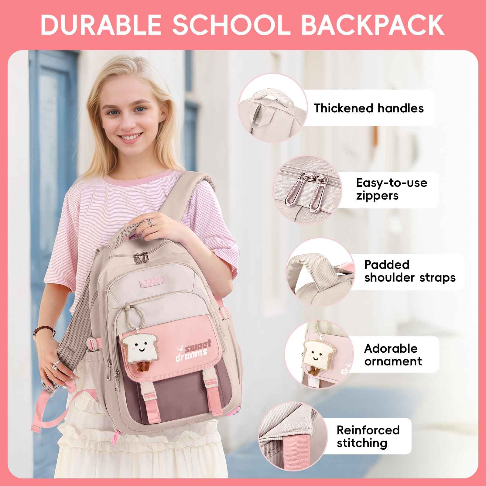 School Backpack Teenager - 36L School Bag for Girls from 5th Grade, Large Backpack for Middle and High School, Casual Children's Backpack with Cute Pendant and Trolley Strap, black, Rucksack