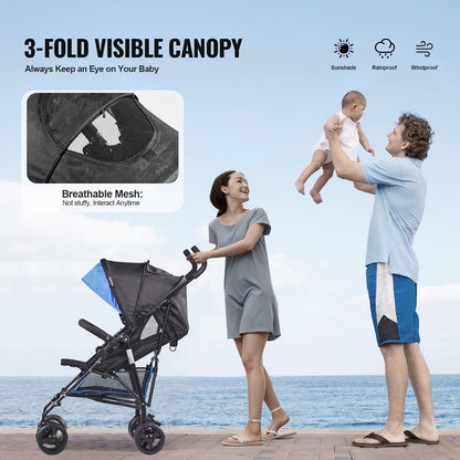 VEVOR Leichter Kinderwagen, kompakt, einfach zusammenklappbar, mit verstellbarer Rückenlehne, Rahmen aus Karbonstahl, großer Aufbewahrungskorb, Kinderwagen mit Schirm für Reisen und mehr, Schwarz/Pink - Meloni2