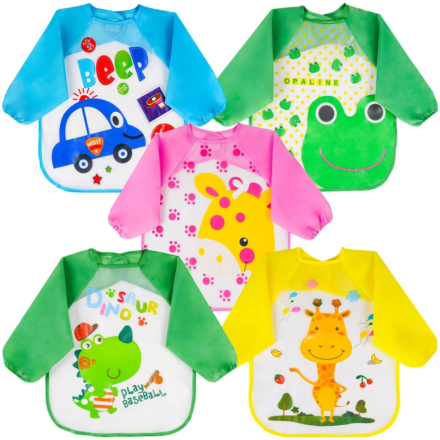 Vicloon Waterproof Baby Bibs, 5pcs Baby Bibs with Long Sleeves, Sleeved Bibs, Unisex Bib Set for Eating, Arts, Crafts, Painting, Playing (Pink, Blue, Green, Yellow) 