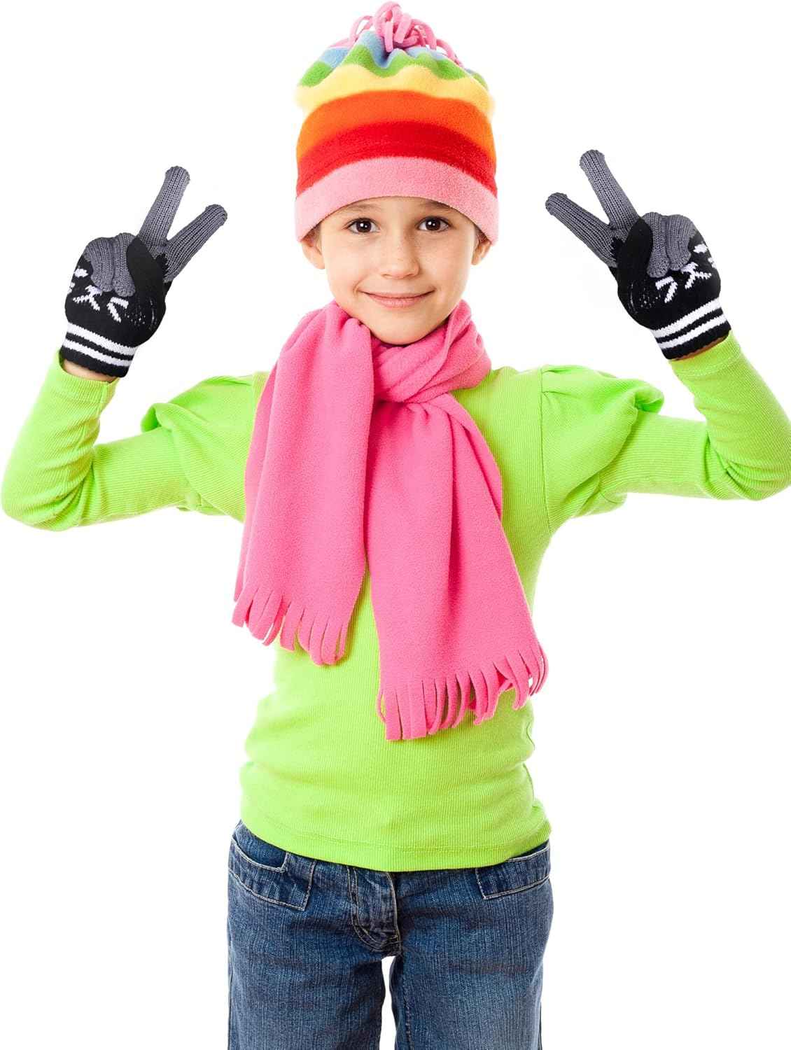 SATINIOR 2 Paar Winter Kinder Handschuhe Katze Fäustlinge Warme Gestrickte Handschuhe für 6-12 Jahre, Schwarz und Rosa