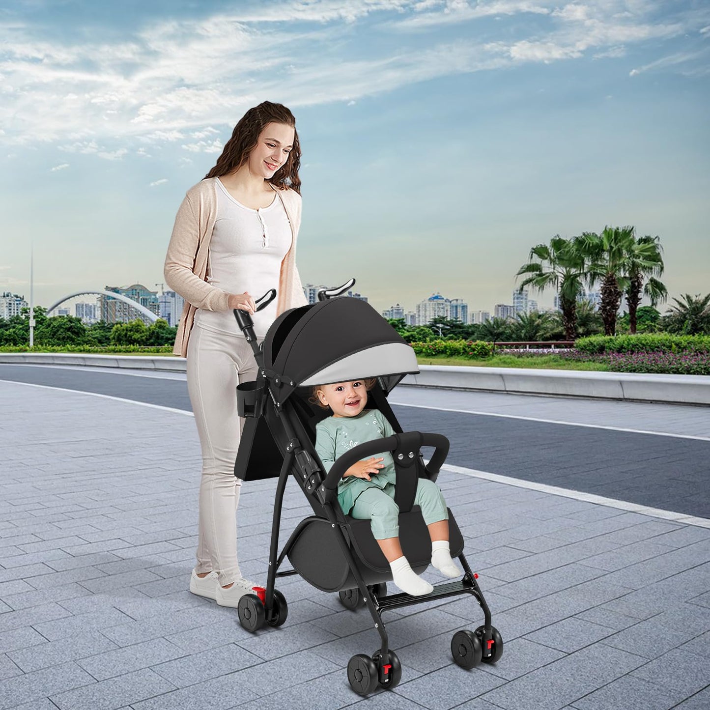 Kinderbuggy, Klein Zusammenklappbar Kinderwagen,Rücken und Fußstützenverstellung,Hinterradbremse,5-Punkt-Gurt,Einfaches Ein-Hand-Falten,Baby Reisebuggy