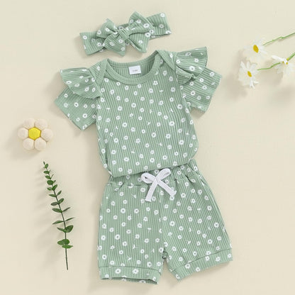 3-teiliges Baby-Mädchen-Sommer-Kleidungsset Rüschen-Kurzarm-Strampler + Rüschen-Shorts + Stirnband Baby-Set Weiches Neugeborenes Ausgehen Outfit