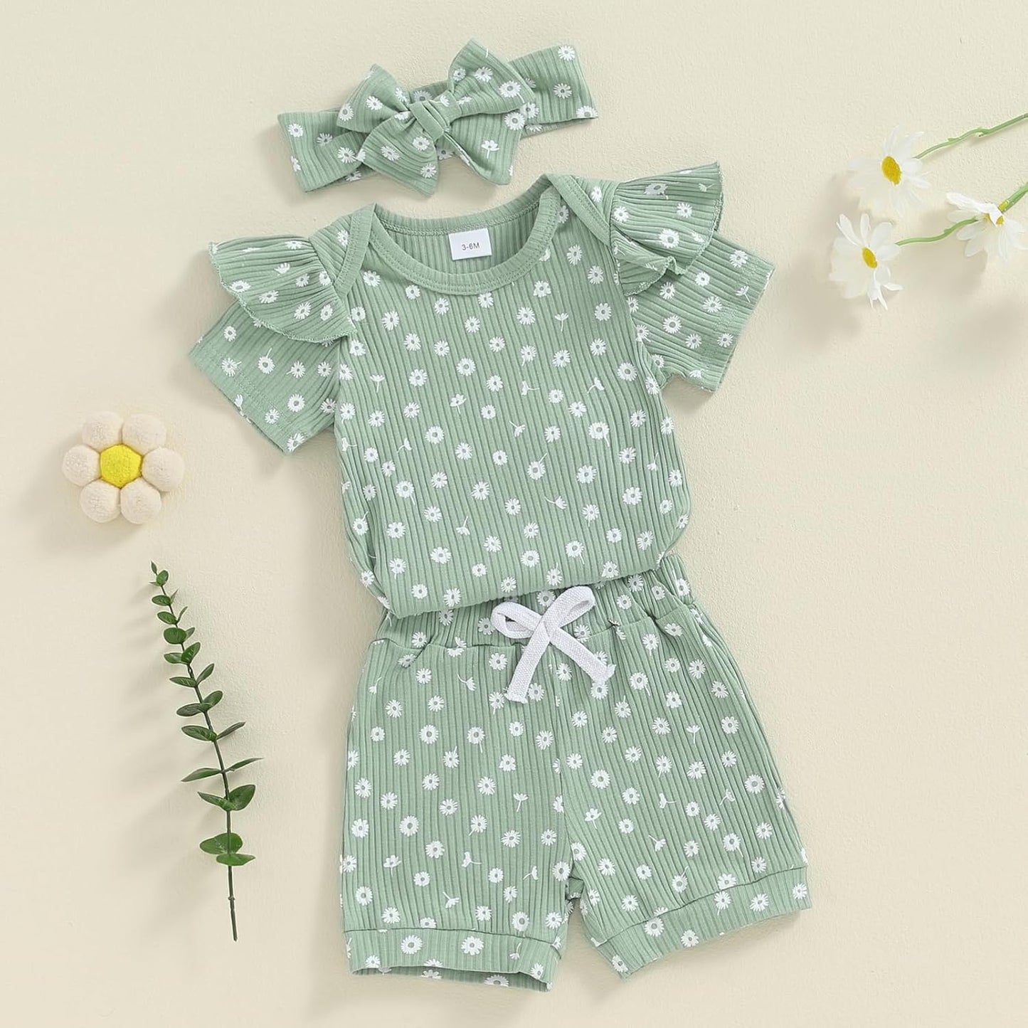 3tlg Baby Mädchen Sommer Kleidung Set Rüschen Kurzarm Strampler + Rüschen Shorts + Stirnband Babyset Weiche Neugeborene Ausgehen Outfit