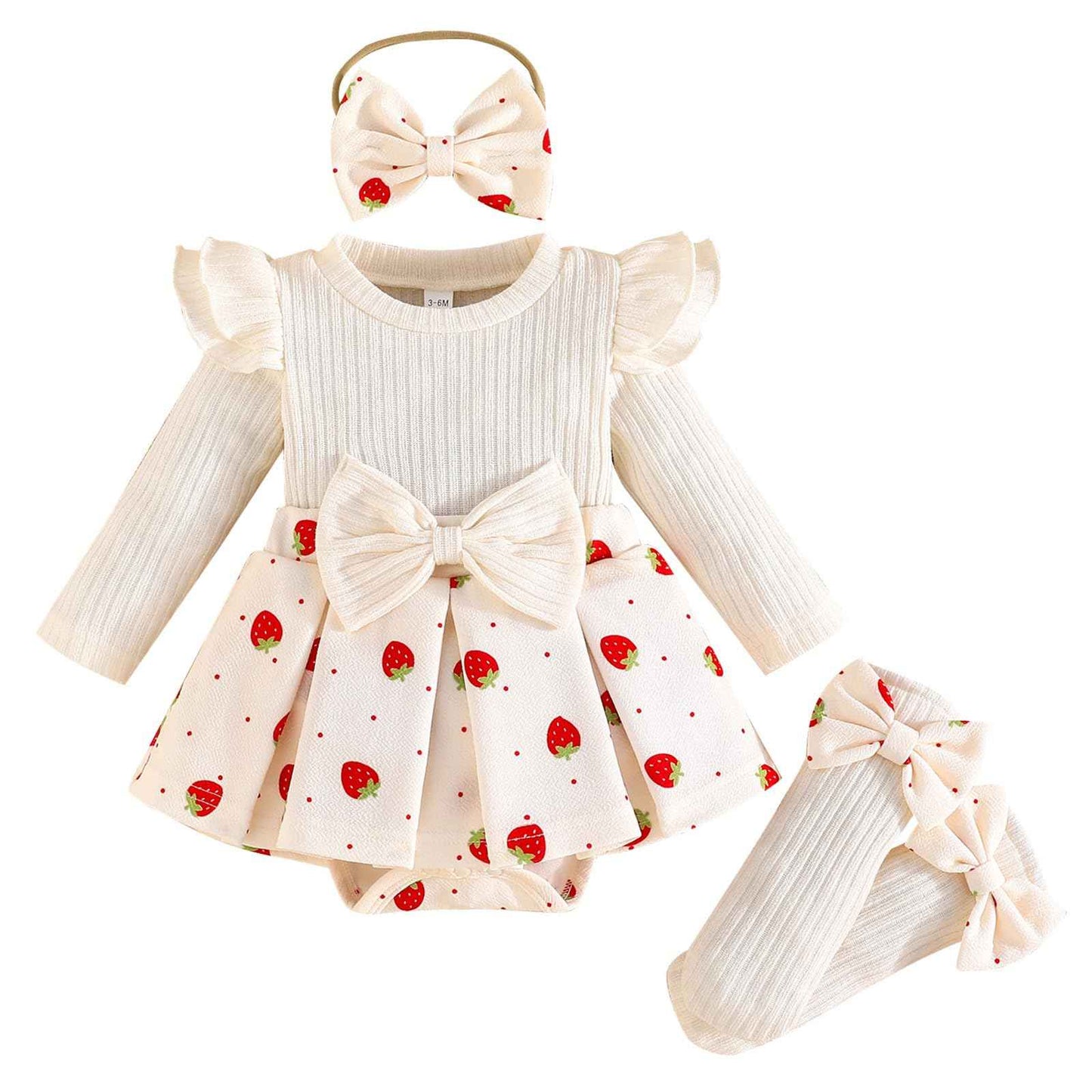 Winmany Strawberry Baby Girls Bodysuit with Sock Bow Headband Newborn Long Sleeve Bodysuit Autumn Winter Spring Jumpsuit Photography Props Clothes