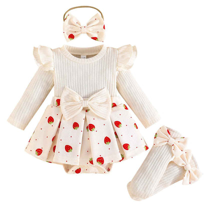 Winmany Strawberry Baby Girls Bodysuit with Sock Bow Headband Newborn Long Sleeve Bodysuit Autumn Winter Spring Jumpsuit Photography Props Clothes