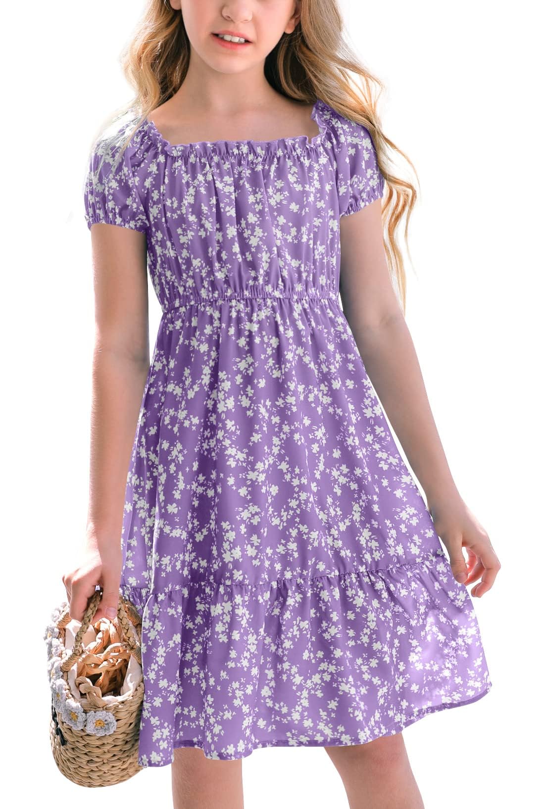 Haloumoning Mädchen Kleider Eckiger Ausschnitt Blumenkleid Kleider Sommer Puffärmel A-Linie Midikleid Kinder Partykleid
