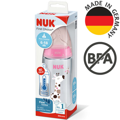 NUK First Choice+ Babyflasche | 6-18 Monate | Temperaturkontrolle | Fließkontrolle | Anti-Colic Belüftungssystem | 360 ml | BPA-frei | Silikonsauger | Krokodil (blau)