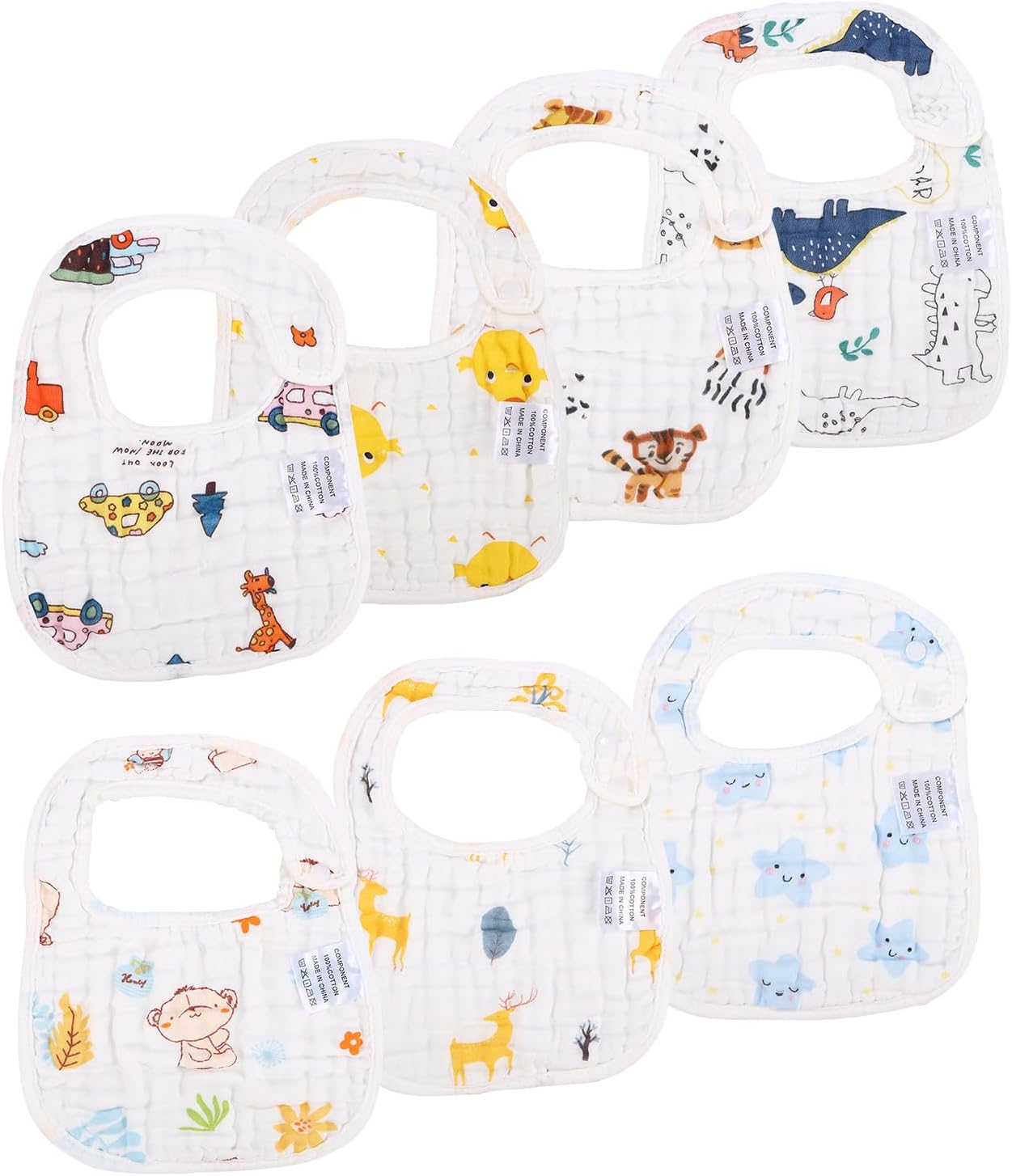 Toaren Baby Bibs, 7-Pack Cotton Baby Bibs, Unisex Baby Bibs with Snap Fastener, Large Bibs with Absorbent and Soft, Drool Bibs for Baby Boys and Girls for Toddlers 0 to 36 Months 