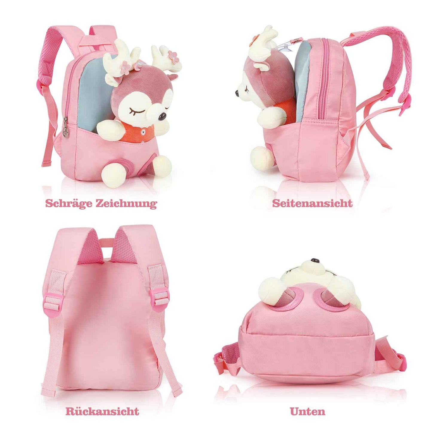 MIDSuN Small Children's Backpack, Removable Plush Doll, Nursery Backpack, Deer Nursery Backpack, Children's Bag for 2-5 Years, Nursery Boys and Girls
