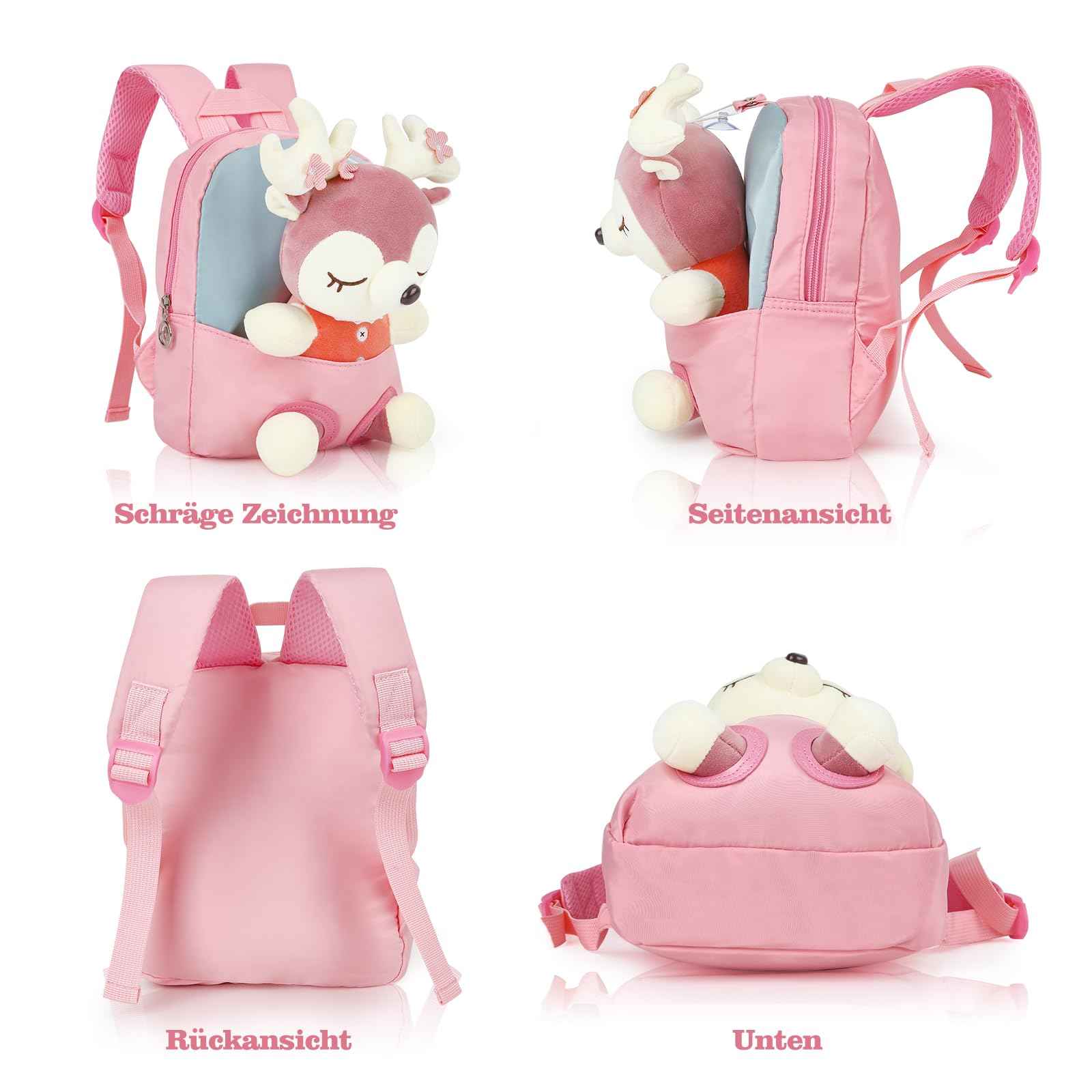 MIDSuN Small Children's Backpack, Removable Plush Doll, Nursery Backpack, Deer Nursery Backpack, Children's Bag for 2-5 Years, Nursery Boys and Girls
