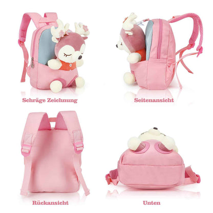 MIDSuN Small Children's Backpack, Removable Plush Doll, Nursery Backpack, Deer Nursery Backpack, Children's Bag for 2-5 Years, Nursery Boys and Girls